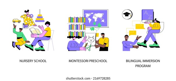 Early education abstract concept vector illustration set. Nursery school, Montessori preschool, bilingual immersion program, private daycare center, foreign language, kindergarten abstract metaphor.