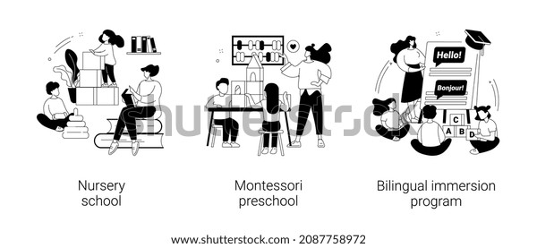 Early education abstract concept vector\
illustration set. Nursery school, Montessori preschool, bilingual\
immersion program, private daycare center, foreign language,\
kindergarten abstract\
metaphor.
