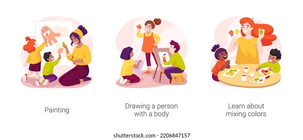 Early Education Isolated Cartoon Vector Illustration Set. Painting And Drawing A Person With A Body, Learn About Mixing Colors, Transitional Kindergarten Curriculum, Art Play Vector Cartoon.