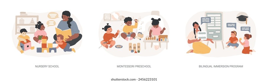 Early education isolated concept vector illustration set. Nursery school, Montessori preschool, bilingual immersion program, private daycare center, foreign language, kindergarten vector concept.