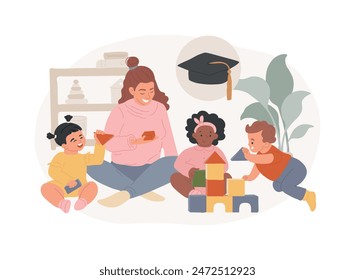 La educación temprana aisló la Ilustración vectorial conceptual. Niños preescolares, aprendizaje, desarrollo social y emocional, guardería, destreza creativa infantil, guardería, concepto de Vector.