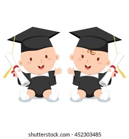 Early education. Vector illustration of adorable babies in graduation outfit.