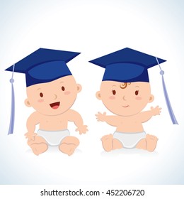 Early education. Vector illustration of babies wearing wearing a graduation caps.