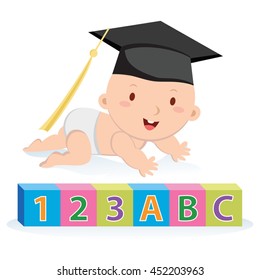 Early education. Vector illustration a baby boy wearing a mortar board with learning blocks.