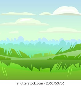 Early foggy morning. Rural landscape. Horizontal village nature illustration. Cute country. Flat style. Vector.