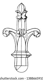 Finial gótica temprana, cruz tridimensional, hecha de piedra, sirve para decorar arañas, pináculos, tumbas, ornamento libre, dibujo de línea vintage o ilustración de grabado.
