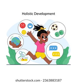 Early holistic education for children. Kid preschool learning, social, emotional, physical, mental, and intellectual growth. Toddler cognitive and emotional development. Flat vector illustration