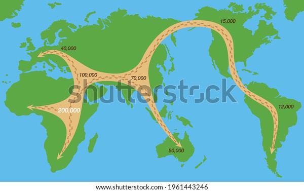 Early human expansion from africa over the whole\
world, migration paths depicted with footprints, global expansion\
with moving direction and time of settlement on the continents.\
Vector chart.\
