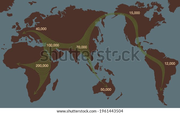 Early human migration paths beginning from\
africa to the whole world, global expansion of archaic humankind\
with moving direction and time of settlement on the continents.\
Vector chart.\

