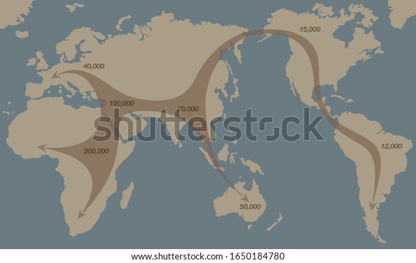 Early human migration
world map. Global spread of humankind from africa 200000 years ago,
paths of expansion and time of settlement on the continents.
Simplified chart.
