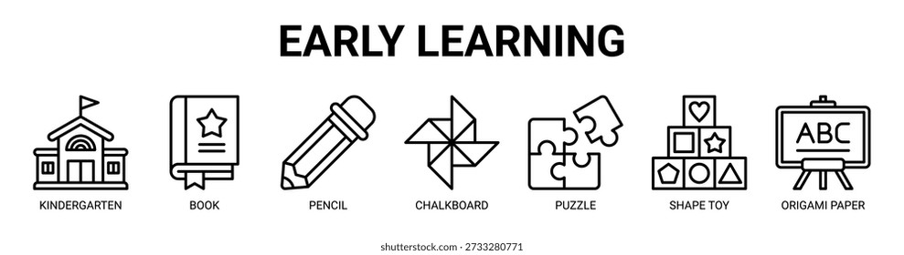 Concepto temprano de la Ilustración vectorial del icono del Anuncio del Web del aprendizaje con el icono del jardín de infantes, del libro, del lápiz, de la pizarra, del rompecabezas, del juguete de la forma, y del papel de origami.