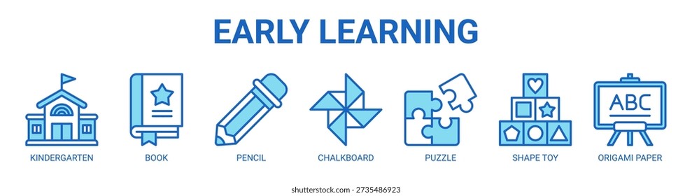 Concepto temprano de la Ilustración vectorial del icono del Anuncio del Web del aprendizaje con el icono del jardín de infantes, del libro, del lápiz, de la pizarra, del rompecabezas, del juguete de la forma, y del papel de origami.