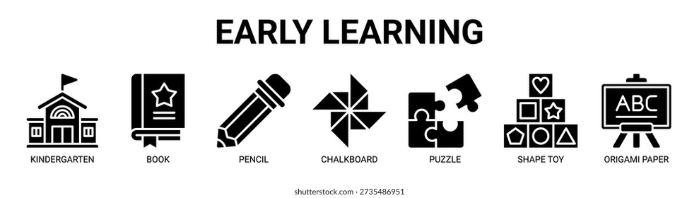 Concepto temprano de la Ilustración vectorial del icono del Anuncio del Web del aprendizaje con el icono del jardín de infantes, del libro, del lápiz, de la pizarra, del rompecabezas, del juguete de la forma, y del papel de origami.