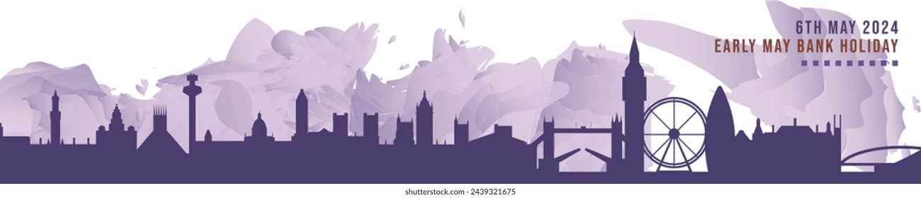 Banner de principios de mayo de vacaciones en el Reino Unido, Inglaterra con horizonte de las ciudades, panorama. Gráfico de celebración de vector plano, diseño para pie de página, vapor, cabecera