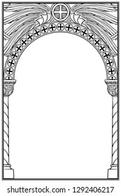 Early medieval Byzantine style round arch. Decorative motiff of Seraphim or cherubim wings on. Vertical orientation. Black linear drawing isolated on white background. EPS10 vector illustration