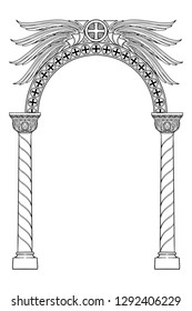 Early medieval Byzantine style round arch. Decorative motiff of Seraphim or cherubim wings on. Vertical orientation. Black linear drawing isolated on white background. EPS10 vector illustration