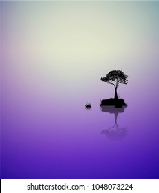 early mornig on the river with single tree droving on the island, vector