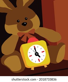 Early morning. Alarm clock. Big soft toy hare and clock by the bed. Vector image for prints, poster and illustrations.