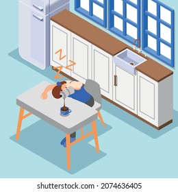 Early morning awakening isometric background with sleepy female character pouring coffee into cup from coffee pot vector illustration