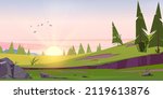 Early morning cartoon nature landscape with sun rising over green field with conifers trees and rocks under pink sky with flying birds. Scenery background, summer or spring meadow, Vector illustration