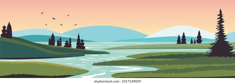 Early morning cartoon nature landscape with green field with conifers trees and rocks under pink sky with flying birds and river. Scenery background, summer meadow, Vector illustration