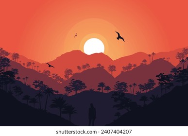 Early morning cartoon nature landscape with sun rising over green field with conifers trees and rocks under pink sky with flying birds. Scenery background, summer or spring meadow, Vector illustration