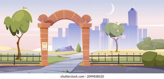 Early morning cityscape view with stone gates, entrance to city garden or park. Urban skyline with metal fence and trees. Sunrise background with crescent in pink sky, Cartoon vector illustration