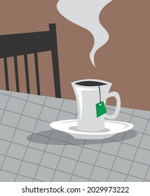 Early morning. Cup with fragrant tea on the table. Vector image for prints, poster and illustrations.