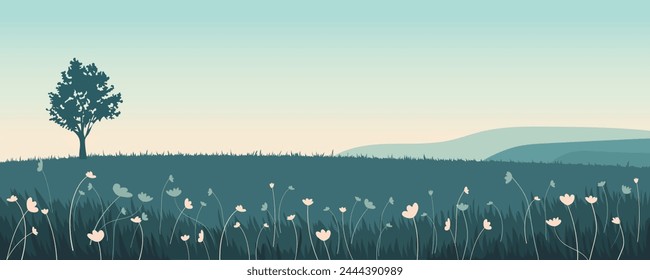 Early morning landscape of flower meadows and fields against the backdrop of a stunning sunrise sky. Panoramic vector illustration of green flower meadows and lonely tree.