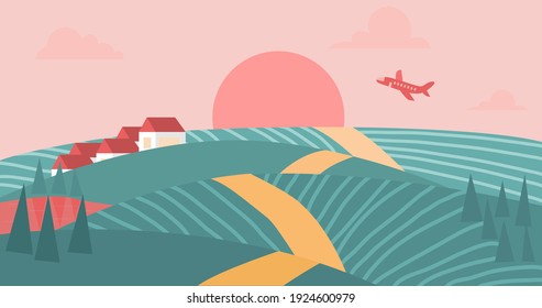 Early morning landscape with green fields, red sun, and plane in the sky