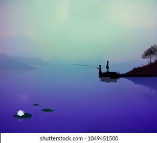 early morning on the river and children fishing, summer weekend for kids on nature, vector