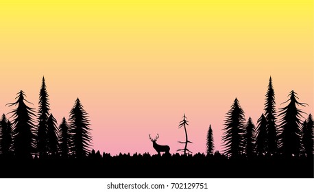 early morning in the pine forest. sunrise glow sky and deer silhouette vector illustration