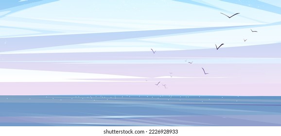 Early morning sky or heaven and water surface. Cartoon background, nature landscape with soft clouds above sea, ocean, lake, pond or river with flying birds, tranquil scenery view, Vector illustration