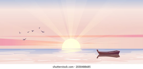 Early morning sunrise seascape, lonely wooden boat on sea or ocean picturesque landscape. Nature background with skiff floating on calm water with birds flying in pink sky, Cartoon vector illustration - Shutterstock ID 2030488685