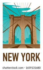 temprano en la mañana vista del puente de Brooklyn, en Manhattan con el horizonte de la nueva york en el fondo. Ilustración vectorial de dibujo hecha a mano. Afiche de estilo vintage, adhesivo y diseño de postal