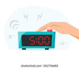 Early morning and waking up early concept. Turn off ringing alarm clock, pressing button on electronic clock. Flat style vector