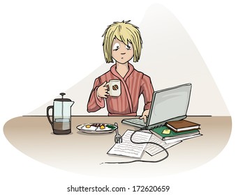 Early morning work while having coffee and breakfast, vector illustration