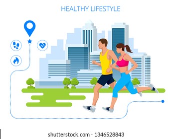 Early morning workout. Living healthy lifestyle. Couple running across the city. Map navigation