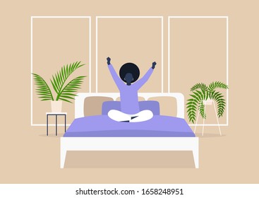 Early morning, Young black female character stretching in bed, millennial lifestyle, bedroom interior