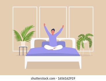 Early morning, Young male character stretching in bed, millennial lifestyle, bedroom interior