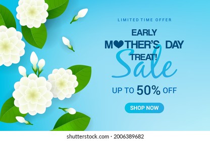 Early Mother's day treat sale banner Vector illustration. Thai Jasmine flowers on blue background	