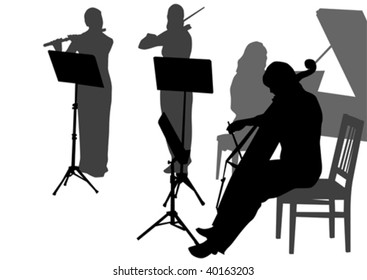 Early Music Orchestra during the concert. Silhouettes on white background