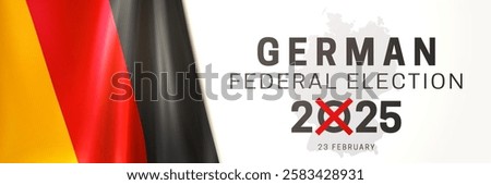 Early parliamentary elections. Bundestagswahl in February 23, 2025. German election banner with realistic national flag of the Federal Republic of Germany on white background. 3d vector illustration