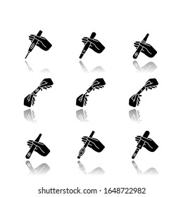 Early pregnancy sign drop shadow black glyph icons set. Positive test for pregnant woman. Surprise result. Expectant motherhood. Gynecology check. Isolated vector illustrations on white space