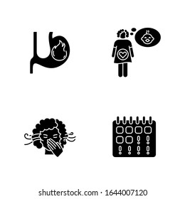Early pregnancy symptom black glyph icons set on white space. Heartburn in stomach. Feeling pregnant. Smell sensitivity. Maternity, fertility. Silhouette symbols. Vector isolated illustration