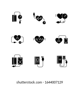 Early Pregnancy Symptom Black Glyph Icons Set On White Space. High Blood Pressure. Doctor Check. Patient Healthcare. Tonometer To Track Heartbeat. Silhouette Symbols. Vector Isolated Illustration