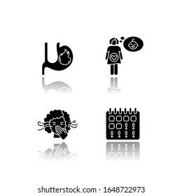 Early pregnancy symptom drop shadow black glyph icons set. Heartburn. Feeling pregnant. Smell sensitivity. Woman on period. Maternity, fertility. Isolated vector illustrations on white space