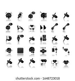 Early pregnancy symptom drop shadow black glyph icons set. Pregnant woman. Positive test. Smell sensitivity. Nausea from morning sickness. Breast change. Isolated vector illustrations on white space