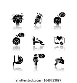 Los primeros síntomas de embarazo dejan caer la sombra de los iconos de glifos negros. Sensación de mareo. Ansiosa comida. Las mujeres vomitan en el baño. Ilustraciones vectoriales aisladas en el espacio blanco