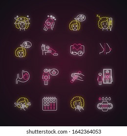 Early pregnancy symptom neon light icons set. Family planning. Woman feeling expectant of baby. Young mother. Healthcare. Signs with outer glowing effect. Vector isolated RGB color illustrations